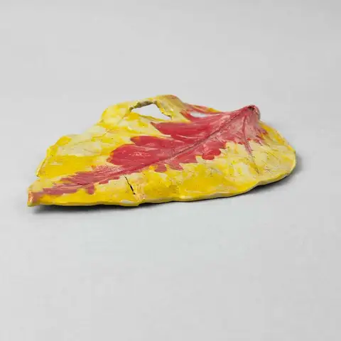 Hand-painted leaf dish in yellow and red