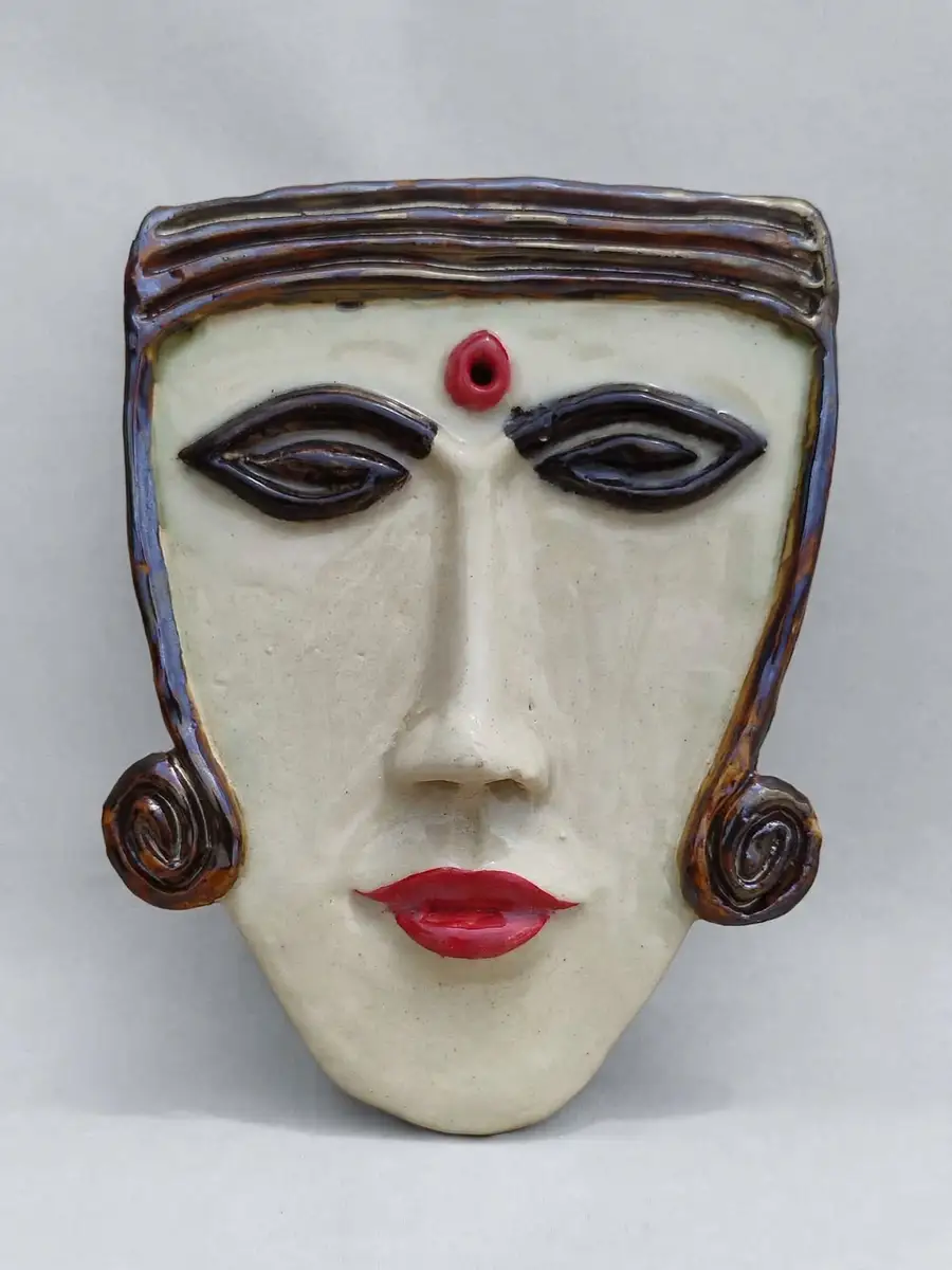 Triangular Face Mask, elongated ceramic face with spiral ears
