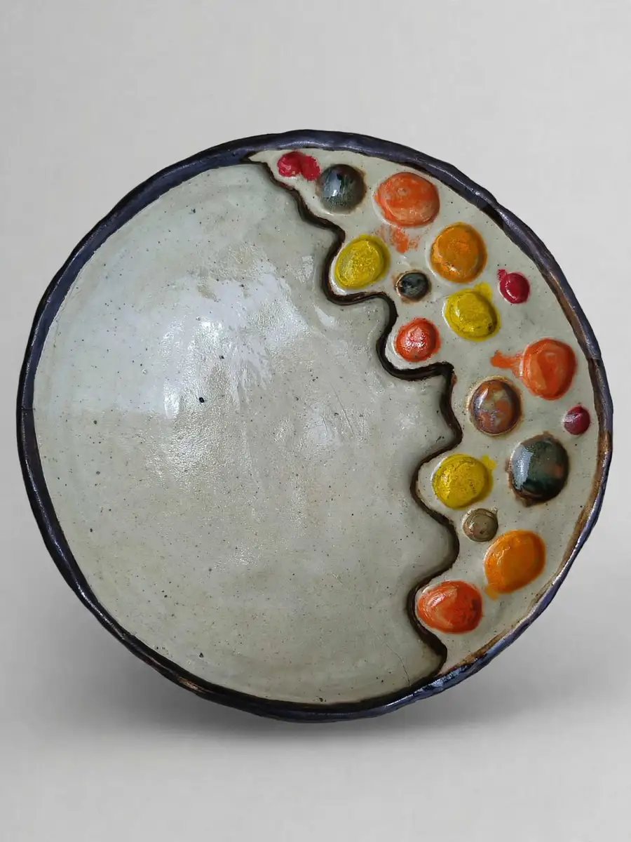 Confetti Glaze Dish, round dish with colourful glaze drops