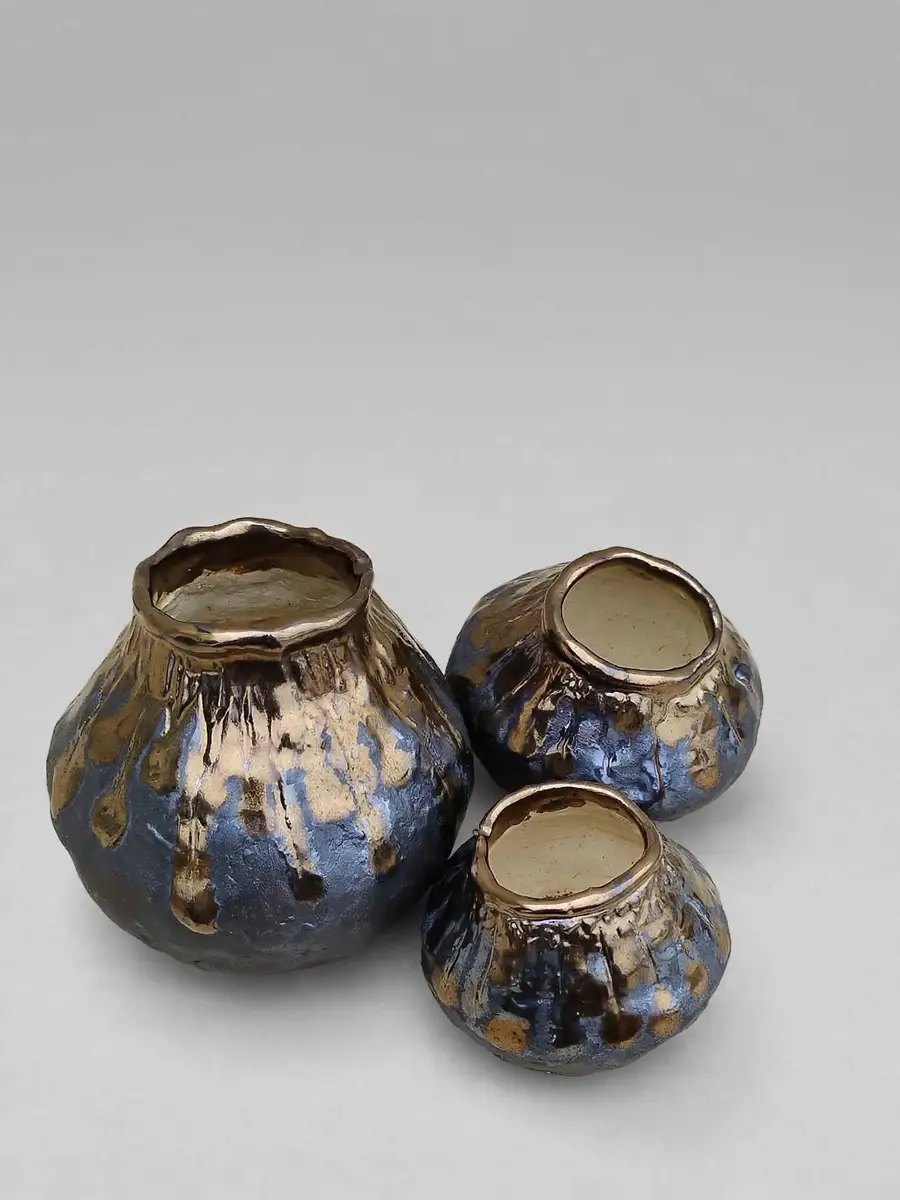 Lustre Pot Trio, three metallic glazed pots